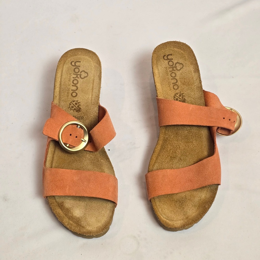 Yokono Spain Womens Coral Orange Suede Leather Wedge Sandals Buckle Size 9